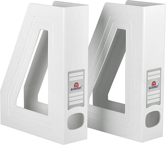 Acrimet Magazine File Holder – Vertical Rack for Documents, Folders and Mail, Durable Plastic Desk Organizer for Office & Home, White (2 Pack)