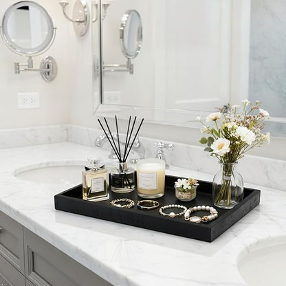 Artificial Travertine Tray, 12"x8" Perfume Tray for Bathroom Counter, Vanity, Home Organizer, Decorative Marble Trays for Perfume, Jewelry, Candles, Coffee, Rectangle, Black
