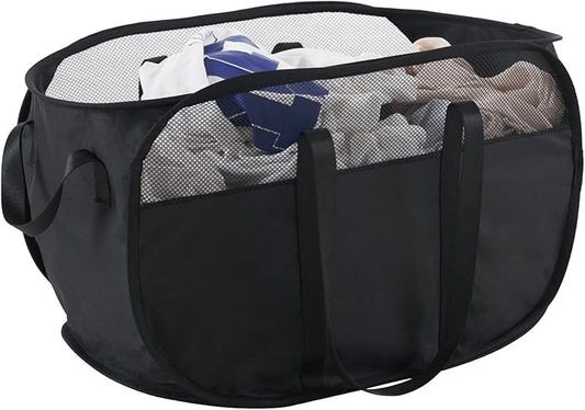TECHMILLY Collapsible Laundry Basket, Foldable Tear Proof Mesh Pop Up Hamper with Reinforced Carry Handles for Laundry, Bathroom, Dorm or Travel (Black)