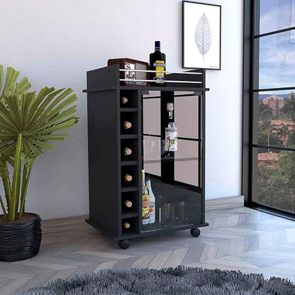 Mobile Bar Cart with Glass Door Cabinet, 6 Wine Bottle Storage Cubbies, Carbon Espresso Finish, 35" H x 21.6" W Bar Serving Cart with Wheels (Black)