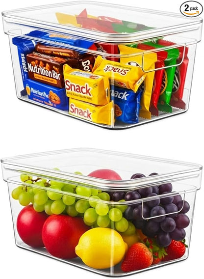 MOONEDGE Clear Plastic Storage Bins with Lids – Stackable Organizer Containers for Fridge, Kitchen, Pantry, Bathroom, Closet, Laundry Room, Office – 2 Pack (10×6×5 in)