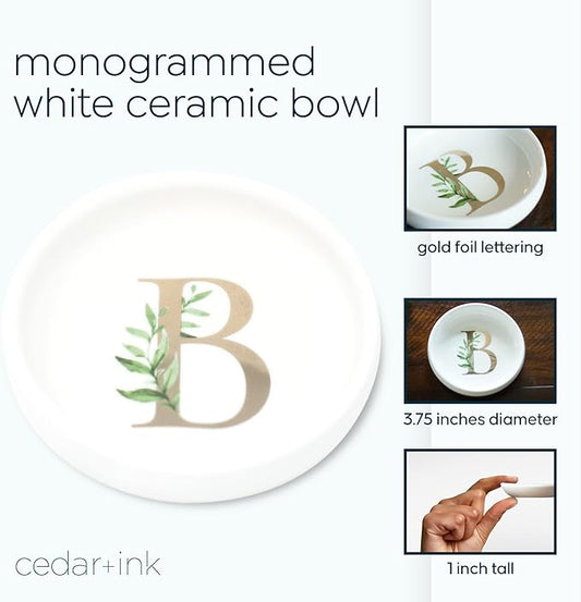Trinket Tray Ring Dish with Personalized B in Gold Foil and Greenery - White Ring Dish - Monogrammed Trinket Dish or Jewelry Bowl - Cedar & Ink (B)