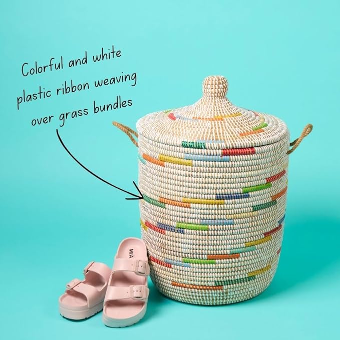 Small Colorful White Basket for Decor, Organizing, Storage - Living Room Blankets, Nursery Toys, Laundry, Towels, Pillows, Comforter, Cushions - Wicker, Woven, Round, Lid, Handles