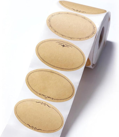 500 Pcs Mason Jar Labels, 2.5 Inch Oval Kraft Paper Sticker Labels for Canning, Food Storage, Pantry & Spice Jars, Gift Stickers, Waterproof, 4 Vintage Designs