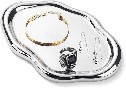CESTATIVO Jewelry Dish Tray, Ring Dish, Ceramic Trinket Small Key Mother's Day, Christmas, Thanksgiving, Birthday Gift for Mother Daughter Friends Silver