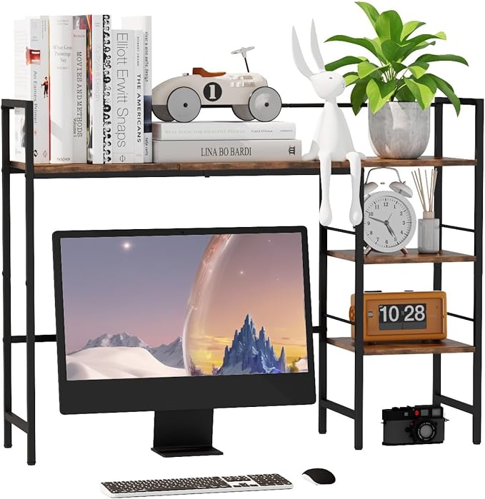 Desk Shelf, 38.6 Inch Wood Desk Organizer Shelf for Computer Monitor, Desk Hutch Storage, Desktop Shelf for Top of Desk, 3 Tier Desktop Bookshelf for Home Office Dorm, Rustic