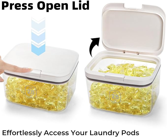 94 OZ/2.8L Laundry Pods Container, One-Press Lid Laundry Powder Holder Dispenser, Clear PET Detergent Sheet Organizer with Measuring Cup for Booster Beads, Dryer Balls, Flour, Pet Food