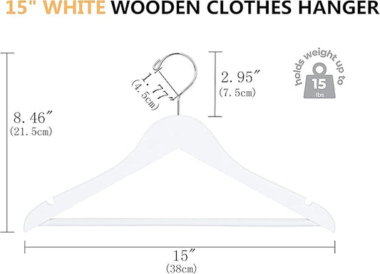 Amber Home 20 Pack 15" White Wooden Clothes Hangers for Woman, Teenager Clothing Hangers for Shirt Jacket, Solid Wood Dress Coat Hangers with Non Slip Pants Bar (White, 20)