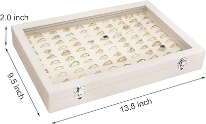 Velvet Ring Display Tray Organizer Box with Transparent Lid, 100 Slot Ring Holder Showcase For Store Display Jewelry Show Home, Ring Organizer For Rings Earrings (Beige)