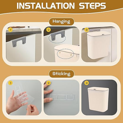 3 Pack Hanging Trash Can with Lid, Kitchen Compost Bin for Counter Top or Under Sink, Plastic Waste Basket Wall Mounted Garbage Can for Cupboard/Bathroom/Bedroom/Office/Camping (Cream)