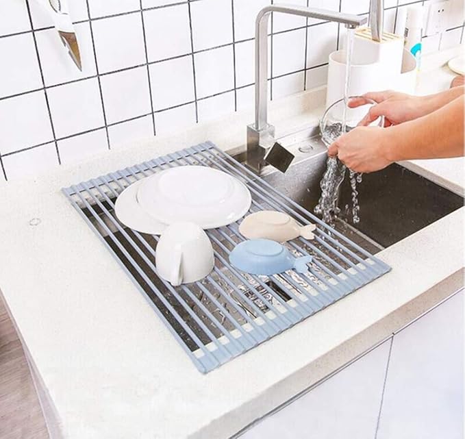 Pezixueran Roll Up Dish Drying Rack Over The Sink.Foldable Kitchen Drainer,Fully Silicone Cover Stainless Steel Bar,Heat-Resistant, Anti-Slip Sink Rack for Kitchen Counter Multipurpose.
