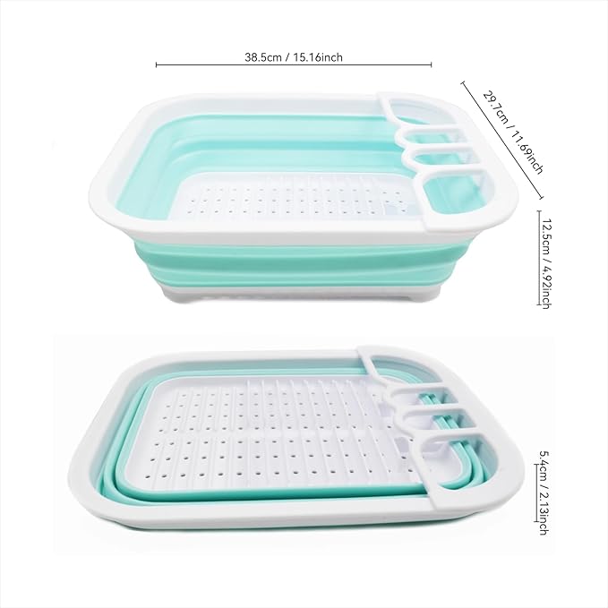 SAMMART Collapsible Plastic Dish Drainer - Foldable Drying Rack Set - Portable Dinnerware Organizer - Space Saving (1, White/Lake Green (w/o Base Board))