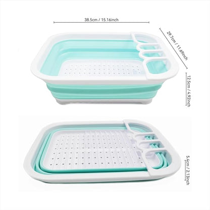 SAMMART Collapsible Plastic Dish Drainer - Foldable Drying Rack Set - Portable Dinnerware Organizer - Space Saving (1, White/Lake Green (w/o Base Board))
