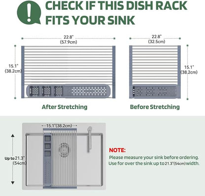 BBXTYLY Stainless Steel Extra Large Gray Drying Rack, Over The Sink, Expandable Roll Up Kitchen Drainer, Includes Removable Utensil Holder (13.6''-25.1'')