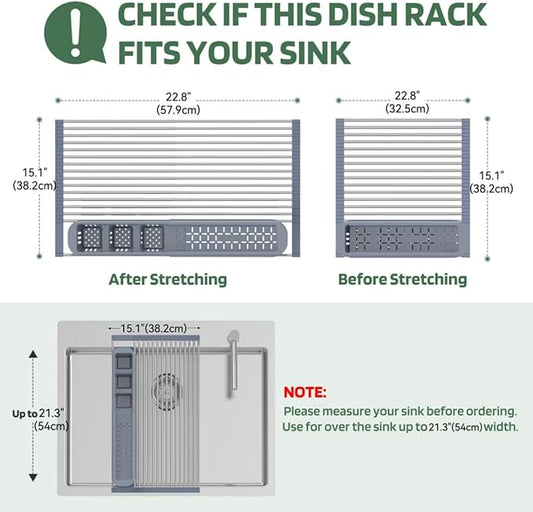 BBXTYLY Stainless Steel Extra Large Gray Drying Rack, Over The Sink, Expandable Roll Up Kitchen Drainer, Includes Removable Utensil Holder (13.6''-25.1'')