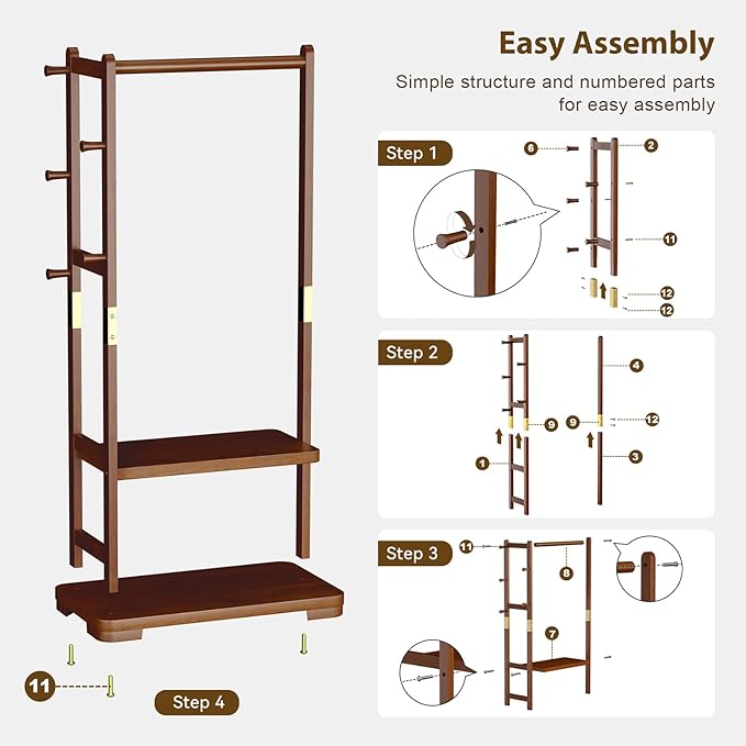 Solid Wood Clothes Rack with 2 Shelves & 4 Hooks for Hanging Clothes Garment Wallets Hats, Clothing Rack Heavy Duty Coat Rack Freestanding with Storage Hall Tree for Hallway Bedroom Living Room