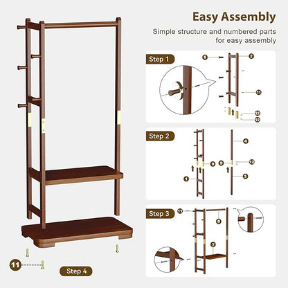 Solid Wood Clothes Rack with 2 Shelves & 4 Hooks for Hanging Clothes Garment Wallets Hats, Clothing Rack Heavy Duty Coat Rack Freestanding with Storage Hall Tree for Hallway Bedroom Living Room