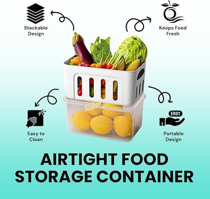 DAZZLEREE Fruit Containers for Fridge Keep Fresh, 5-Pack Produce Containers for Fridge with Lids, Meal Prep Containers, Food Organizer with Removable Colander, Microwave & Dishwasher Safe (White)