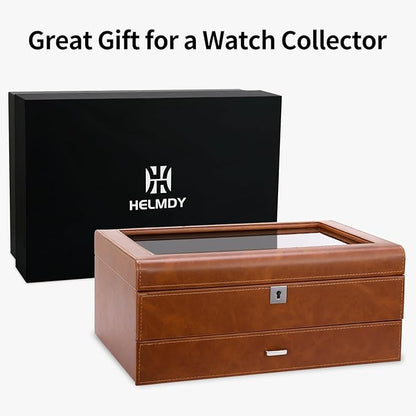 HELMDY Leather Watch Box with Drawer-10 Slots Locking Jewelry Watches Holder for Men-Luxury Watch Case Display Organizer-2 Tier Organizer Watch Showcase-Storage Case