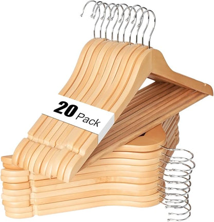 Hapmira Premium Wooden Hangers 10 Pack, Natural Solid Wood Hangers with Trouser Rods and Shoulder Notches, Space Saving for Suits, Shirts, Jackets, Dresses and Pants (20, Natural)