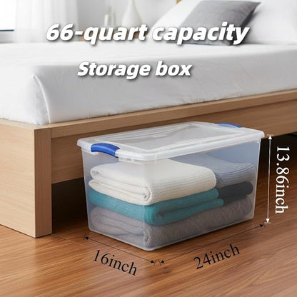 66 Quart Large Clear Plastic Storage Bin – Airtight Latch Lid Container with Blue Handles, Stackable & Durable for Closets, Garages, Dorm Rooms & Basements (Fits Bedding/Seasonal Clothes)