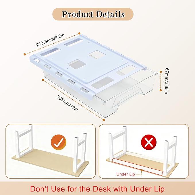 2 Pair Under Desk Drawer Organizer, Self-Adhesive Slide Out Storage Organizer, Hidden Desktop Organizers, Self-Adhesive Table Storage Accessories for Home Office and School