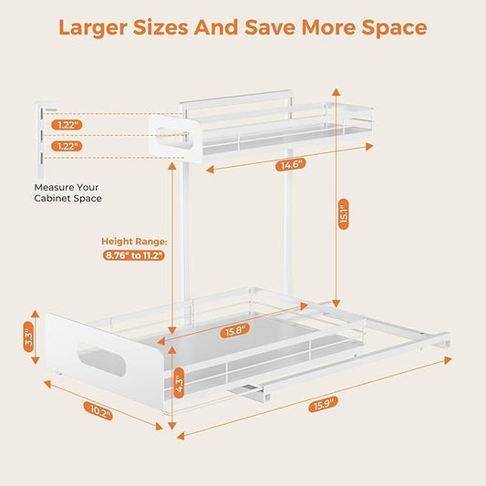 Delamu 2 Pack Metal Bathroom Organizers and Storage, 2 Tier Pull Out Under Sink Organizer for Kitchen Bathroom, Adjustable Under Sink Shelf for Multipurpose Cabinet Organizer, White