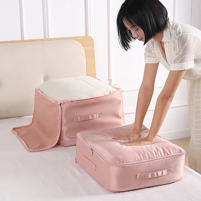 HEVOY Ultra Space Saving Self Compression Organizer, Self Compression Storage Bags, Foldable Closet Organizers Storage Tote, Moving Bag Containers with Handle for Comforters, Blankets (Pink, Large)