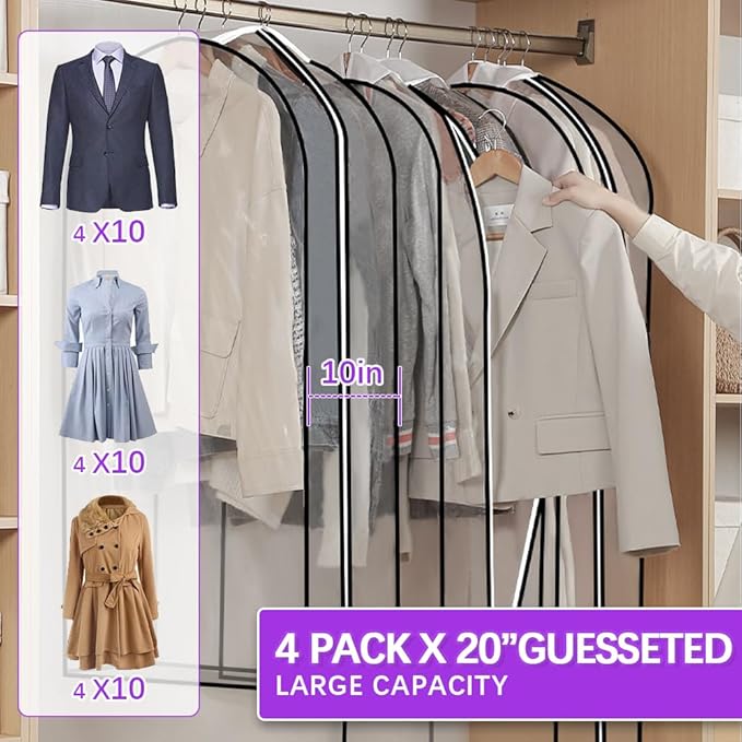4 PCS 40"Clear garment bags for hanging clothes storage protectors clothes cover for hanging bag with 4 pcs Shoe storage bag (Clear-4PCS)