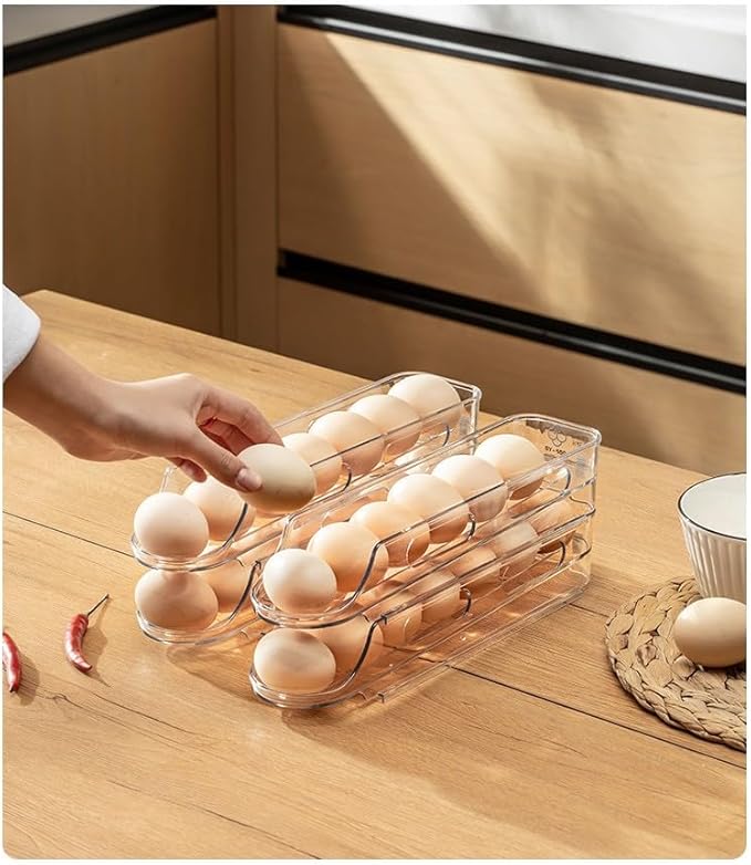 Egg Holder for Fridge,Stackable 1-4 Tiers Container,Auto Rolling Fridge Organizer for Refrigerator,Space-Saving Dispenser Holder,Refrigerator Egg Rack Transparent (2 Packs)