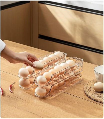 Egg Holder for Fridge,Stackable 1-4 Tiers Container,Auto Rolling Fridge Organizer for Refrigerator,Space-Saving Dispenser Holder,Refrigerator Egg Rack Transparent (2 Packs)