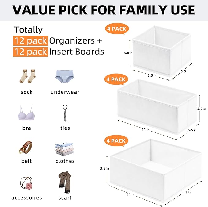 Criusia Drawer Organizer Clothes 12 Pack - Dresser Organizer Bins for Closet Bedroom Nursery Organization- Drawer Organizer Divider for Sock Underwear Bra Baby Clothes - Dorm Room Essentials (White)