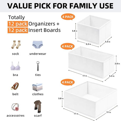 Criusia Drawer Organizer Clothes 12 Pack - Dresser Organizer Bins for Closet Bedroom Nursery Organization- Drawer Organizer Divider for Sock Underwear Bra Baby Clothes - Dorm Room Essentials (White)