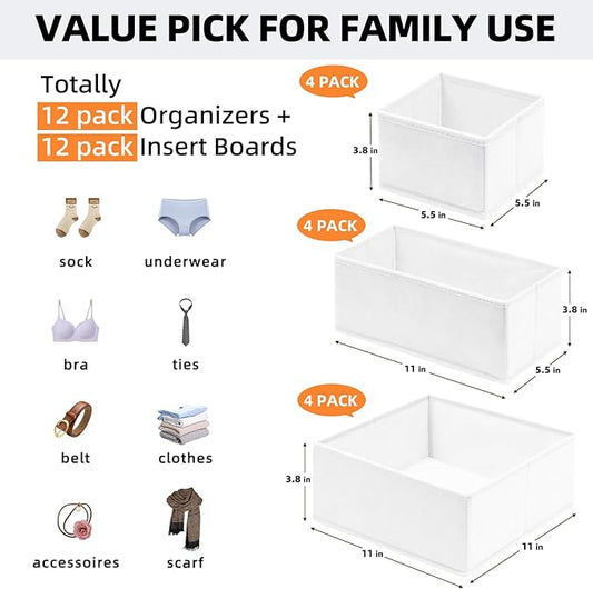 Criusia Drawer Organizer Clothes 12 Pack - Dresser Organizer Bins for Closet Bedroom Nursery Organization- Drawer Organizer Divider for Sock Underwear Bra Baby Clothes - Dorm Room Essentials (White)