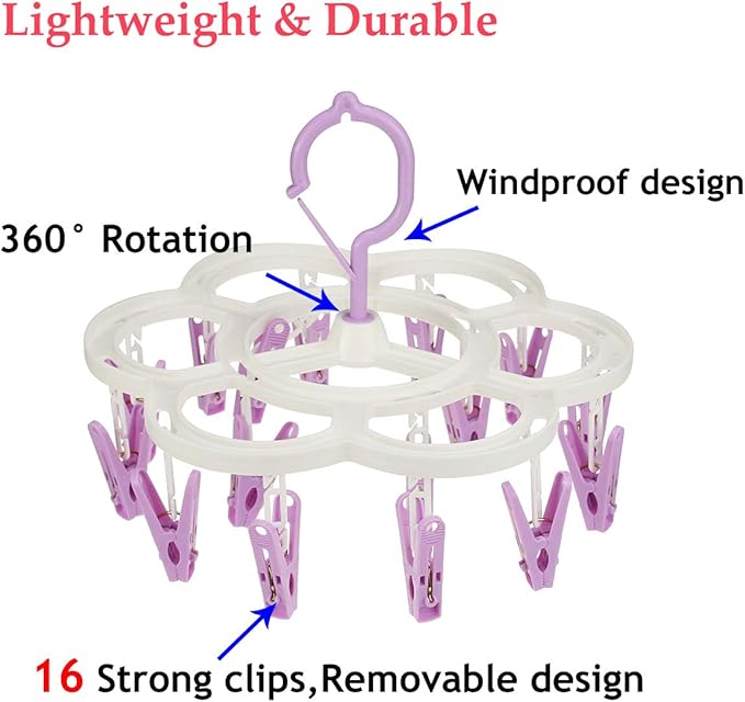 Clothespin Rack Laundry Drying Rack,Clothes Hangers with 16 Clips,Clip Hanger Drip Hanger for Drying Underwear,Baby Clothes,Socks,Bras,Towel,Pants,Hat,Scarf,Cloth Diapers,Gloves (Purple)