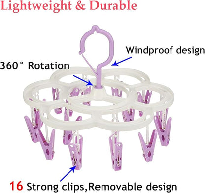 Clothespin Rack Laundry Drying Rack,Clothes Hangers with 16 Clips,Clip Hanger Drip Hanger for Drying Underwear,Baby Clothes,Socks,Bras,Towel,Pants,Hat,Scarf,Cloth Diapers,Gloves (Purple)