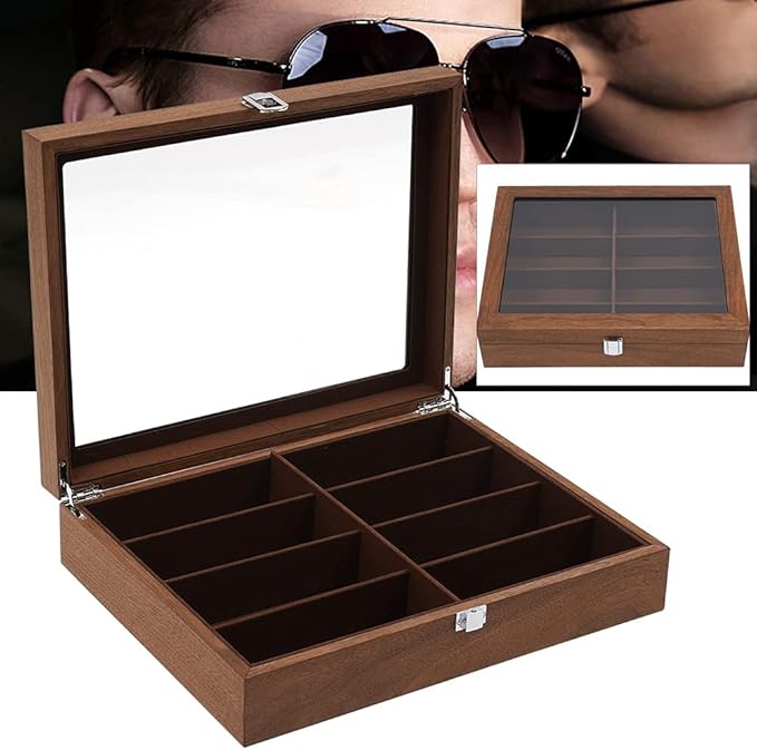 DouSeiAi Wooden Sunglasses Storage Box, 8 Grids Glasses Organizer, Sunglasses Display Holder with Lock Eyewear Showcase Organizer Walnut