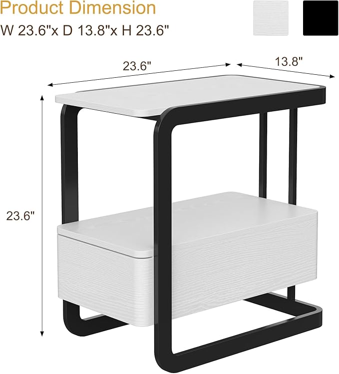 Narrow Side Table, End Table with Drawer& Storage Shelves, Modern Sofa Couch Table Curved Bedside Table for Living Room Bedroom, Narrow Nightstand with Thickening Iron Shelves for Small Space, White