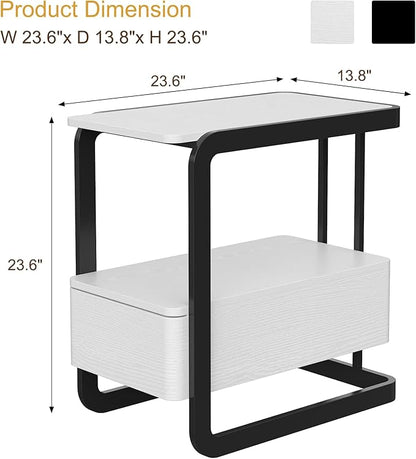 Narrow Side Table, End Table with Drawer& Storage Shelves, Modern Sofa Couch Table Curved Bedside Table for Living Room Bedroom, Narrow Nightstand with Thickening Iron Shelves for Small Space, White