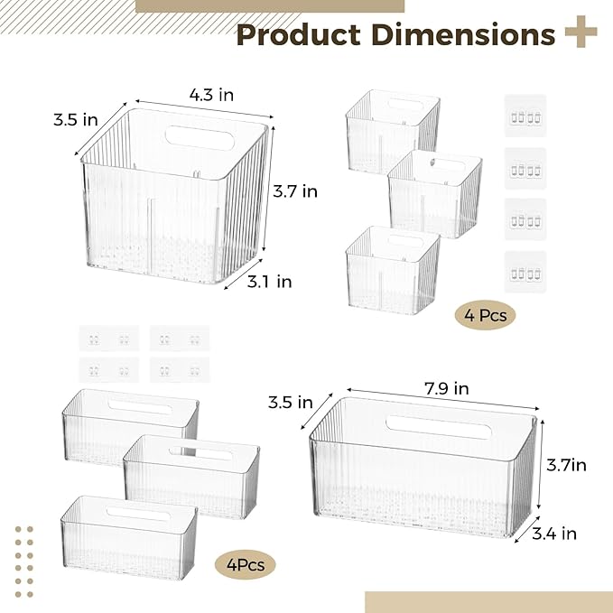 8 PCS Clear Cabinet Door Organizer Bins with Adhesive Hooks, Wall Mount Hanging Storage Baskets with Drain Holes, Plastic Under Sink Drawer Organizers for Bathroom, Kitchen, Pantry, Fridge