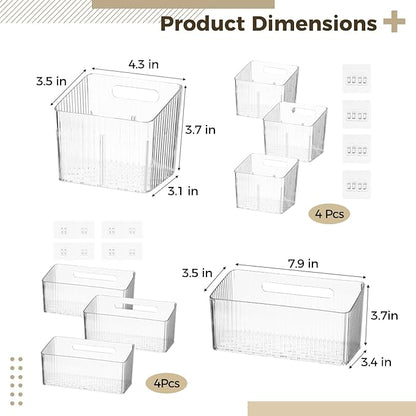 8 PCS Clear Cabinet Door Organizer Bins with Adhesive Hooks, Wall Mount Hanging Storage Baskets with Drain Holes, Plastic Under Sink Drawer Organizers for Bathroom, Kitchen, Pantry, Fridge