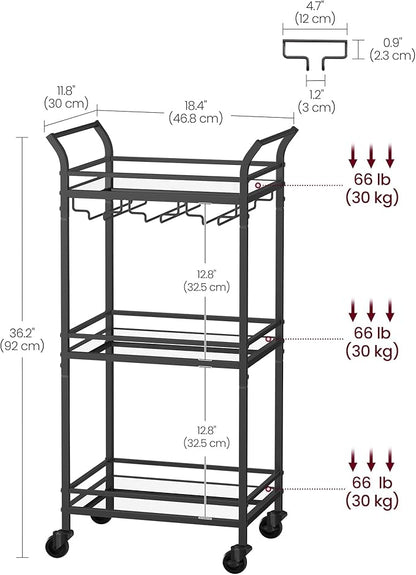 VASAGLE Bar Cart, Home Bar Serving Cart, Small Bar Serving Cart with 3-Tier Shelf, Wine Holders, Glass Holders, Mini Bar Cart for Small Spaces, Kitchen, Dining Room, Living Room, Ink Black