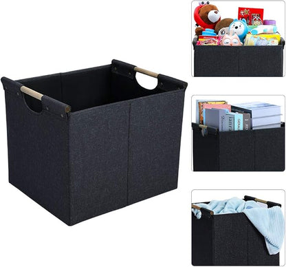 HOONEX Large Collapsible Storage Bins, Linen Fabric, 2 Pack, Storage Baskets with Wooden Carry Handles and Sturdy Heavy Cardboard, for Home, Office, Car, Nursery, Dark Grey
