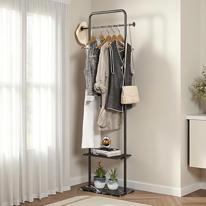 Black Clothing Rack, Free Standing Coat Hanger Stand with Stable Marble Base, Metal Coat Rack for Outerwear, Handbags, Entryways and Halls (Black, 19.7")