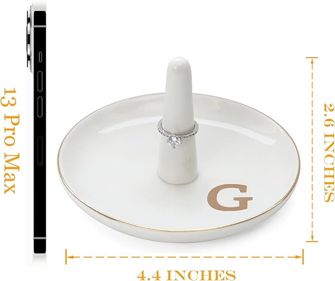 HOME SMILE Initials Ring Holder Jewery Tray with personalized G-Monogrammed Engagement Gifts for Friends,Birthday Mother's Day Christmas Gifts for Women,Ceramic White