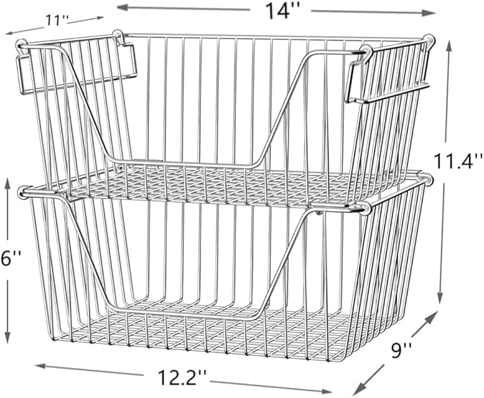SANNO 14" Stacking Baskets Large Wire Baskets Organizer, Cabinet Storage Metal Baskets Organizer Sturdy Metal Wire Pantry Freezer Bin