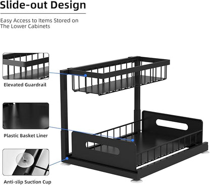2-Tier Under Sink Slide Out Organizer, Pull Out Cabinet Storage Shelf with Sliding Wire Basket Drawer for Bathroom Kitchen, Countertop or Pantry Shelf, Black