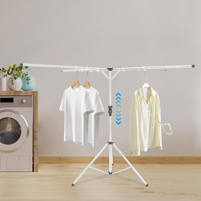 Folding Tripod Clothes Drying Rack, Silver Portable Drying Rack, Adjustable Height and Extendable, X-Shaped Adjustable Laundry Rack with 10 Windproof Hooks for Drying Skirts, Shirts, Pants