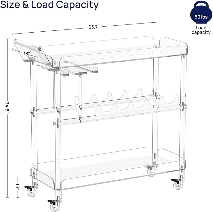 HMYHUM Acrylic Bar Cart with 4 Lockable Wheels, Clear Serving Cart with Wine Rack and Glass Holder, Rolling Beverage Cart for Home, Kitchen, Dinning Room, 33.7" L x 13" W x 34.8" H