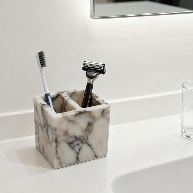 Natural Marble 2-Tier Organizer Box - Multi-Purpose Desktop & Kitchen Storage for Pens, Utensils, Makeup Brushes
